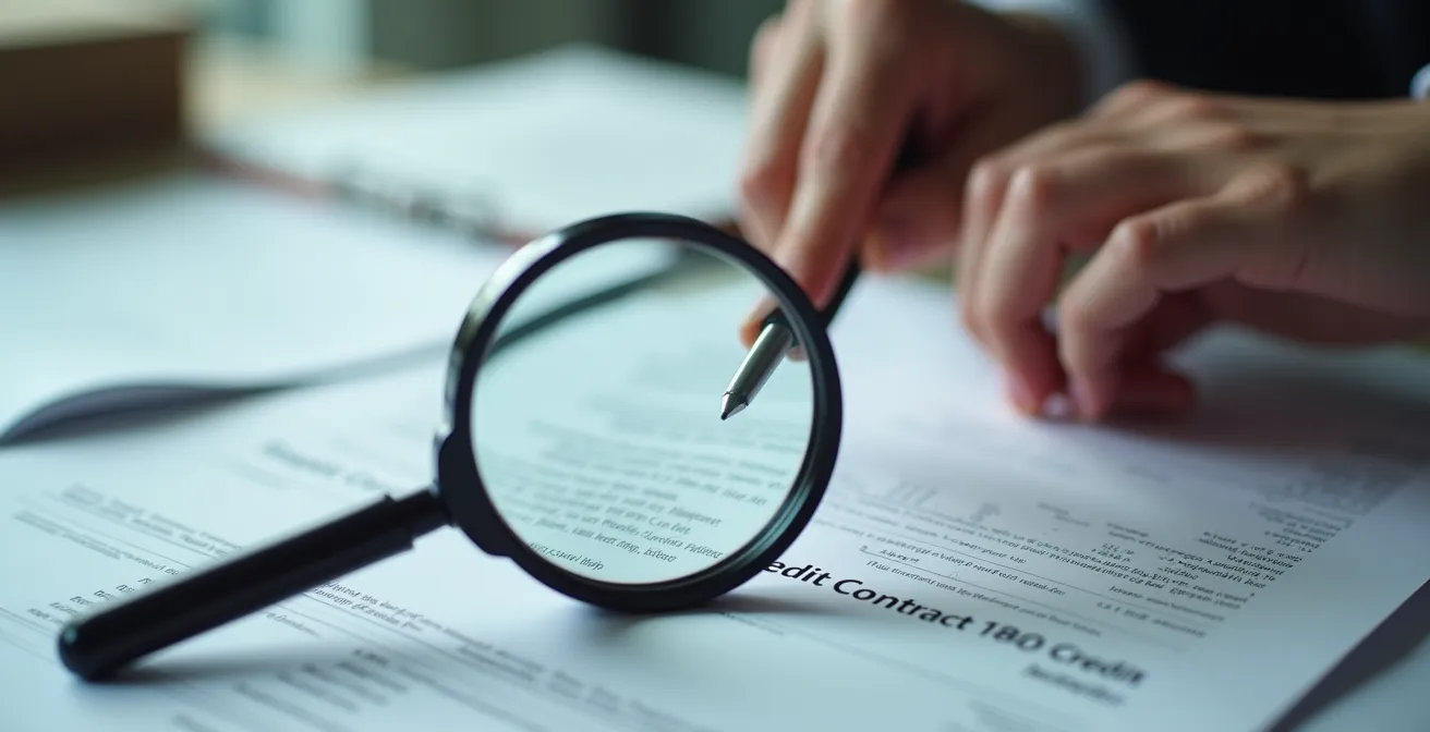Photo conceptuelle d’une main consultant un contrat de crédit avec une loupe sur des documents pour signifier l’analyse juridique