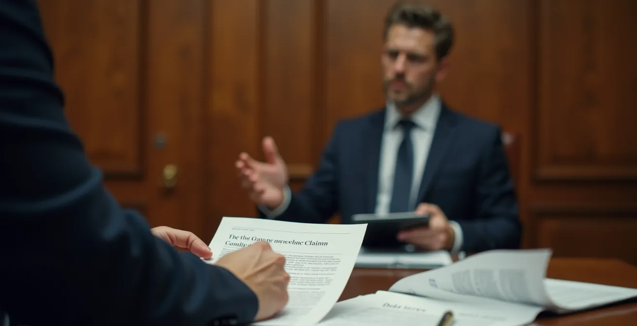 Photographie symbolique d’un avocat plaidant pour un client contre des documents de créances.