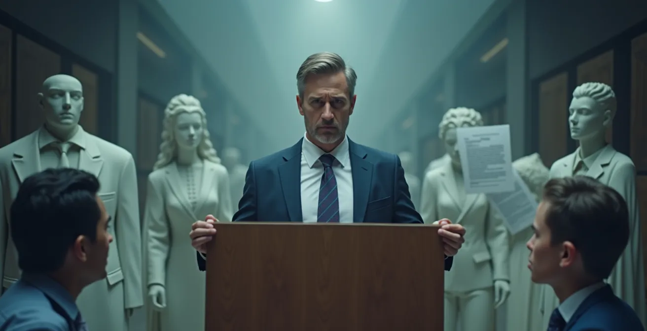 Illustration symbolique d'un avocat protégeant un débiteur contre des dettes et créanciers agressifs