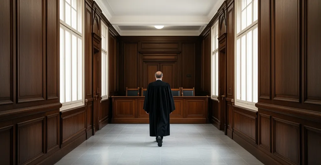 Avocat en robe marchant dans un couloir de tribunal