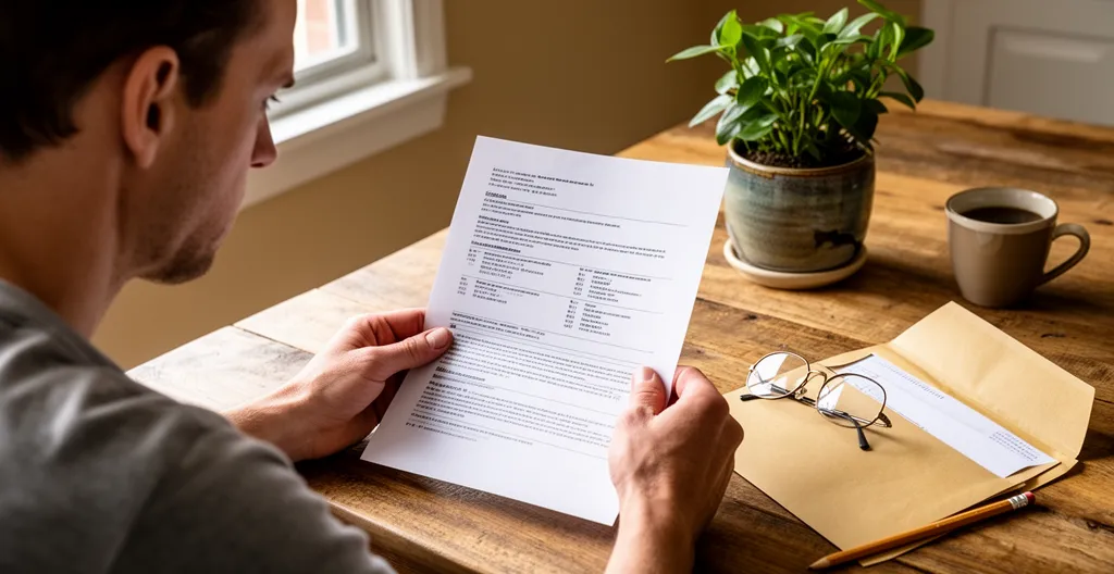 Personne préoccupée lisant un courrier officiel à table