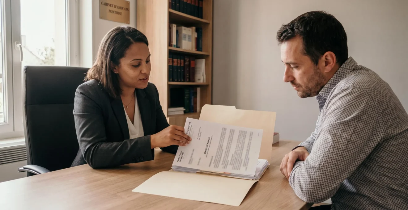 Avocate en droit de la famille consultant un dossier avec une cliente dans un bureau moderne à Pontoise, lumière naturelle et ambiance professionnelle apaisante