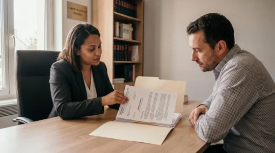 Avocate en droit de la famille consultant un dossier avec une cliente dans un bureau moderne à Pontoise, lumière naturelle et ambiance professionnelle apaisante