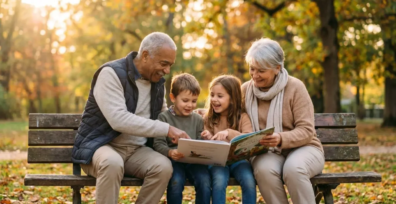 Grands-parents et petits-enfants partageant un moment de lecture sur un banc de parc public français en fin d'après-midi, lumière dorée automnale