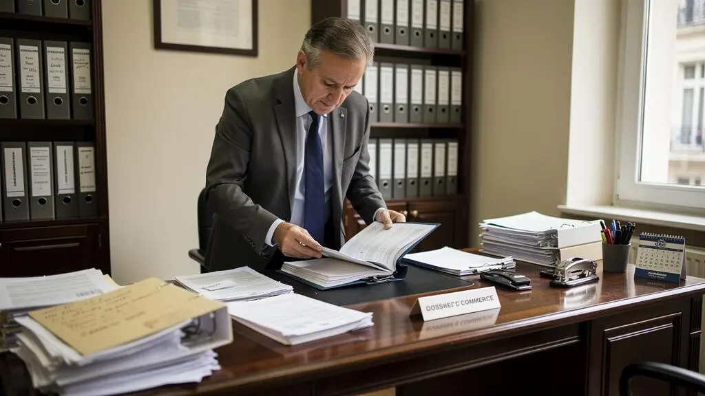 Conciliateur de justice examinant un dossier d'entreprise dans son bureau au tribunal de commerce