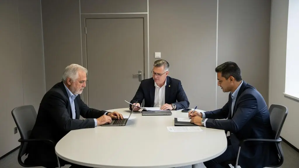 Réunion de négociation confidentielle entre dirigeant d'entreprise, avocat spécialisé et représentant de créancier dans une salle de réunion sobre