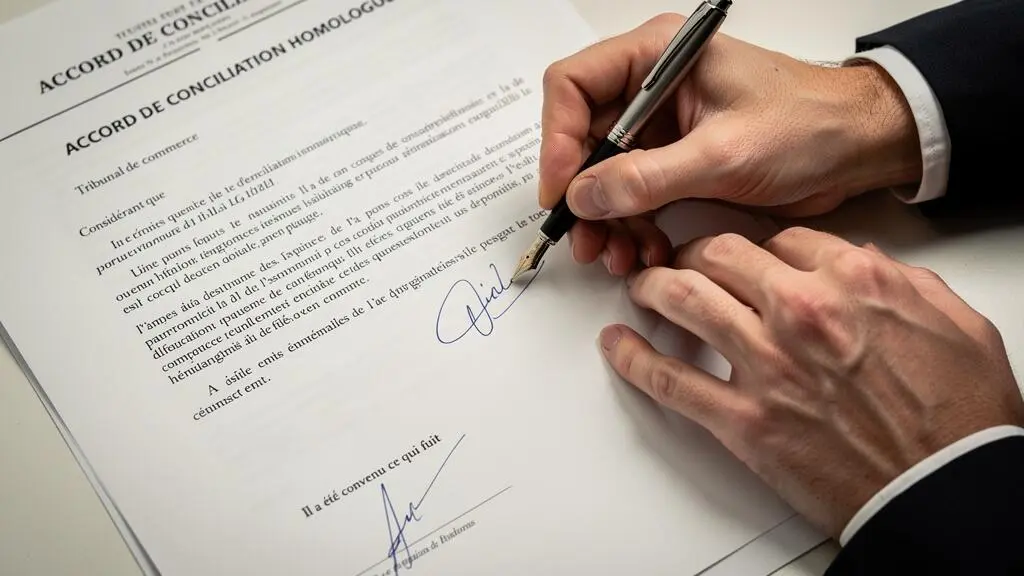 Mains d'un dirigeant d'entreprise signant l'accord de conciliation homologué avec un stylo, vue rapprochée sur l'action de signature
