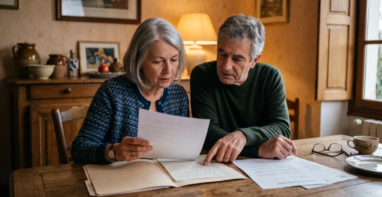 Un couple de seniors examine des documents de famille attablés dans leur salle à manger.