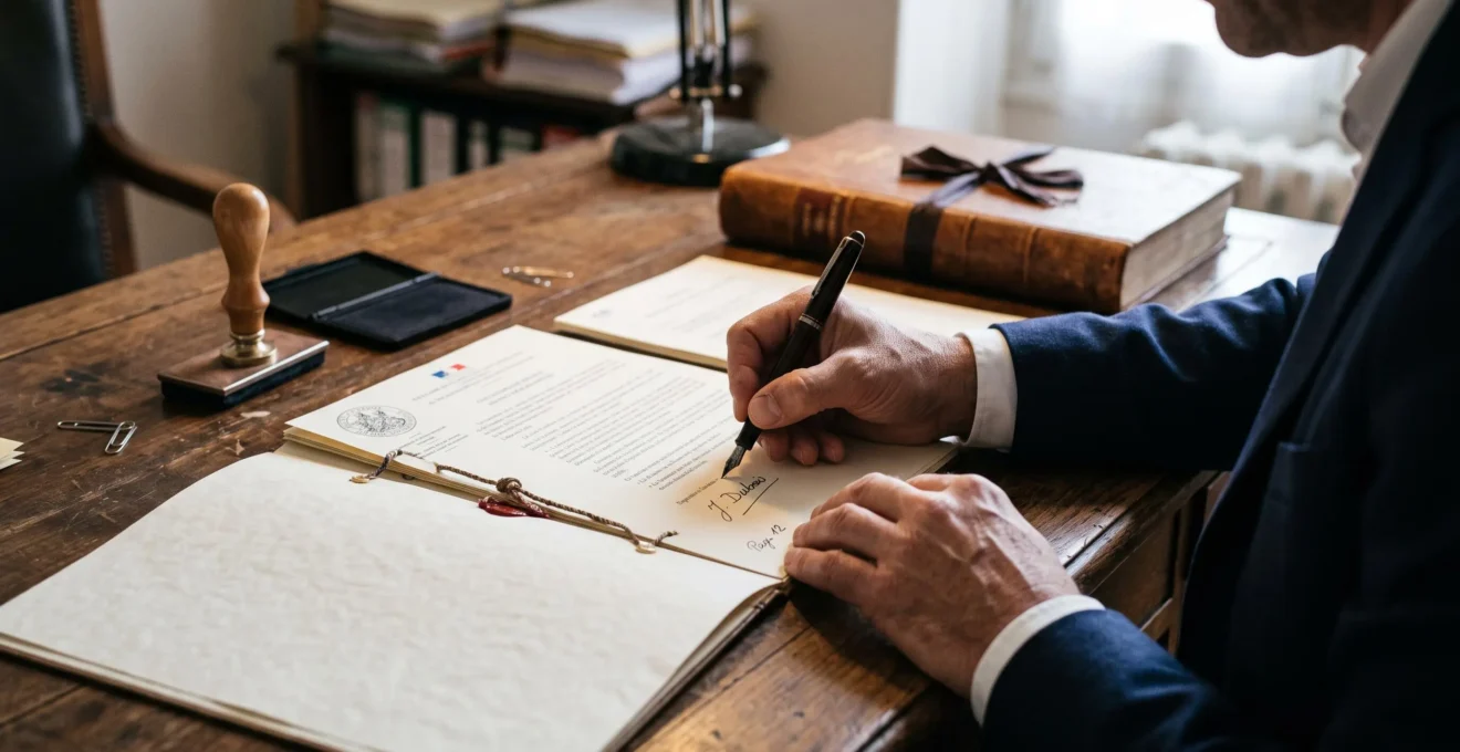 Un homme signe et parafe une convention notariale avec un stylo plume sur un bureau en bois.